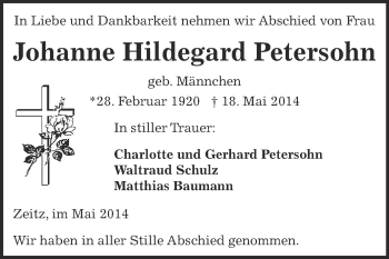 Traueranzeige von Johanne Hildegard Petersohn von Super Sonntag Zeitz