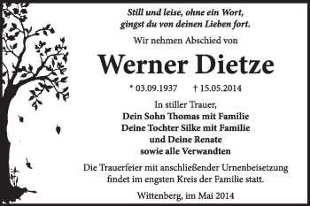 Traueranzeige von Werner Dietze von Super Sonntag Wittenberg