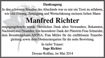 Traueranzeige von Manfred Richter von Super Sonntag Dessau / Köthen