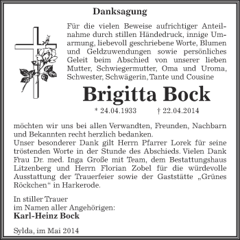 Traueranzeige von Brigitta Bock von Wochenspiegel Mansfelder Land