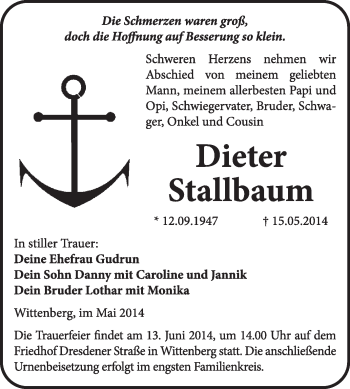 Traueranzeige von Dieter Stallbaum von WVG - Wochenspiegel Wittenberg