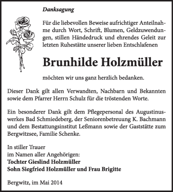 Traueranzeige von Brunhilde Holzmüller von WVG - Wochenspiegel Wittenberg