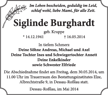Traueranzeige von Siglinde Burghardt von Super Sonntag Dessau / Köthen