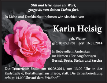 Traueranzeige von Karin Heisig von Super Sonntag Dessau / Köthen