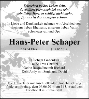 Traueranzeige von Hans-Peter Schaper von Super Sonntag Dessau / Köthen