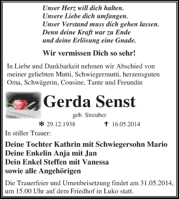 Traueranzeige von Gerda Senst von WVG - Wochenspiegel Dessau / Köthen