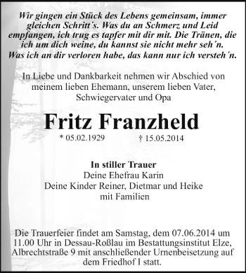 Traueranzeige von Fritz Franzheld von Super Sonntag Dessau / Köthen