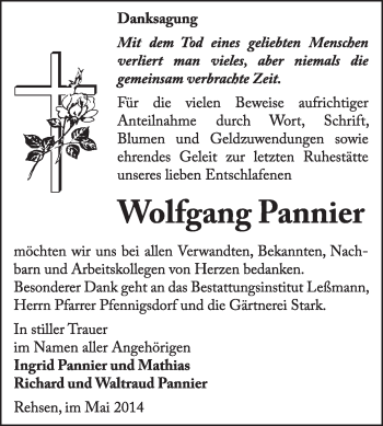 Traueranzeige von Wolfgang Pannier von WVG - Wochenspiegel Wittenberg