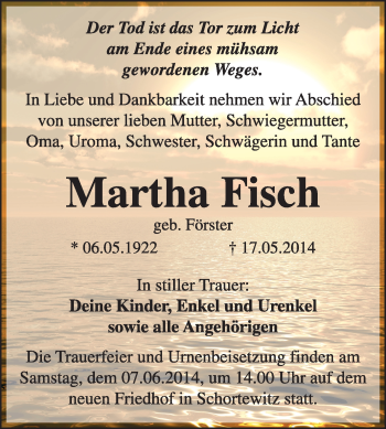 Traueranzeige von Martha Fisch von Super Sonntag Dessau / Köthen