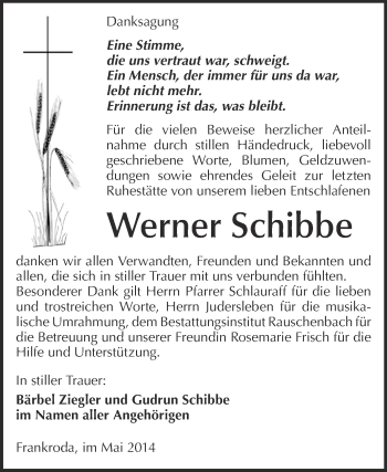 Traueranzeige von Werner Schibbe von WVG - Wochenspiegel NMB / WSF / ZTZ