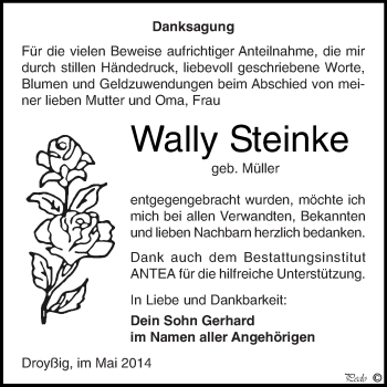 Traueranzeige von Wally Steinke von Super Sonntag Zeitz