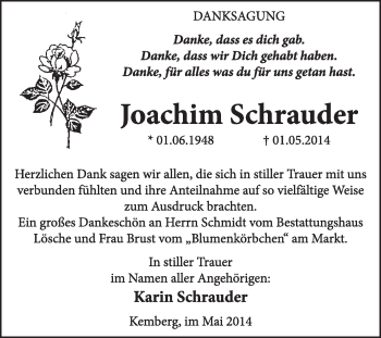 Traueranzeige von Joachim Schrauder von Super Sonntag Wittenberg