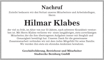 Traueranzeige von Hamar Klabes von Super Sonntag Bernburg