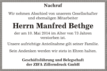 Traueranzeige von Manfred Bethge von Super Sonntag Aschersleben