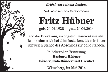 Traueranzeige von Fritz Hübner von Super Sonntag Wittenberg