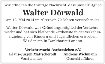 Traueranzeige von Walter Dörwald von Super Sonntag Aschersleben