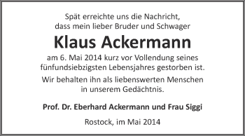 Traueranzeige von Klaus Ackermann von WVG - Wochenspiegel NMB / WSF / ZTZ