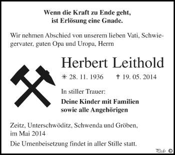 Traueranzeige von Herbert Leithold von Super Sonntag Zeitz