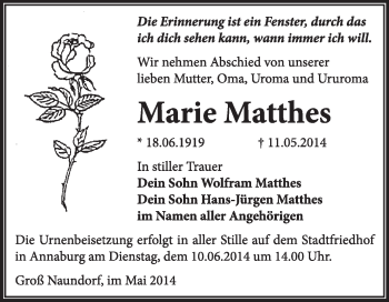 Traueranzeige von Marie Matthes von WVG - Wochenspiegel Wittenberg