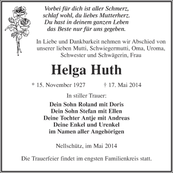 Traueranzeige von Helga Huth von WVG - Wochenspiegel NMB / WSF / ZTZ