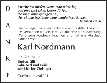 Traueranzeige von Karl Nordmann von WVG - Wochenspiegel Merseburg