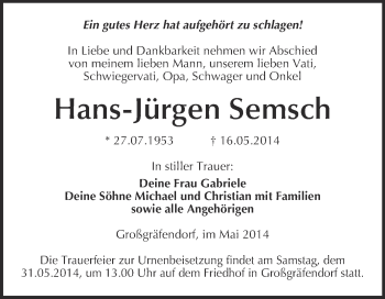 Traueranzeige von Hans-Jürgen Semsch von WVG - Wochenspiegel Merseburg