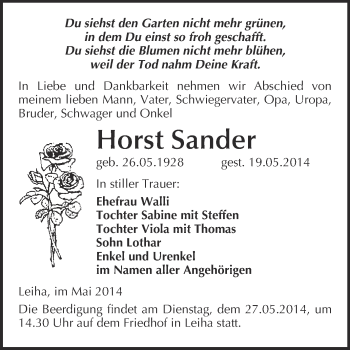Traueranzeige von Horst Sander von WVG - Wochenspiegel Merseburg