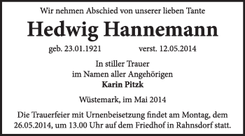 Traueranzeige von Hedwig Hannemann von Super Sonntag Wittenberg