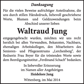 Traueranzeige von Waltraud Jung von Super Sonntag Wittenberg