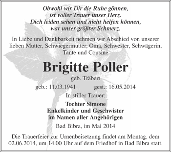Traueranzeige von Brigitte Poller von WVG - Wochenspiegel NMB / WSF / ZTZ