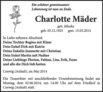 Traueranzeige von Charlotte Mäder von Super Sonntag Wittenberg