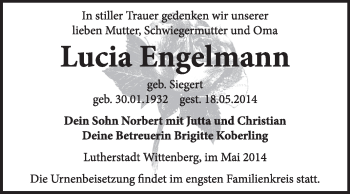 Traueranzeige von Lucia Engelmann von Super Sonntag Wittenberg