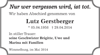 Traueranzeige von Lutz Gerstberger von Wochenspiegel Mansfelder Land