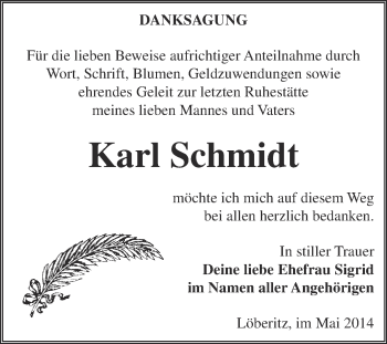 Traueranzeige von Karl Schmidt von WVG - Wochenspiegel Bitterfeld