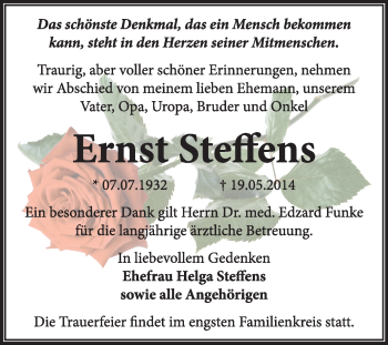 Traueranzeige von Ernst Steffens von Super Sonntag Dessau / Köthen