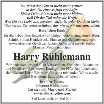 Traueranzeige von Harry Rühlemann von WVG - Wochenspiegel Merseburg