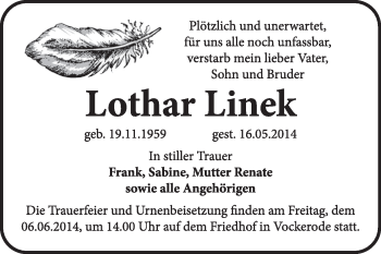 Traueranzeige von Lothar Linek von Super Sonntag Wittenberg