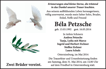 Traueranzeige von Béla Petzsche von Super Sonntag Dessau / Köthen