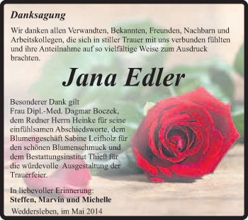 Traueranzeige von Jana Edler von Super Sonntag Quedlinburg