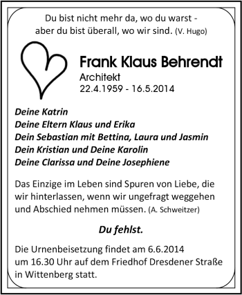 Traueranzeige von Frank Klaus Behrendt von Super Sonntag Wittenberg