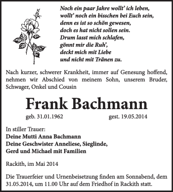 Traueranzeige von Frank Bachmann von WVG - Wochenspiegel Wittenberg