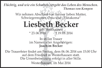Traueranzeige von Liesbeth Becker von WVG - Wochenspiegel Quedlinburg
