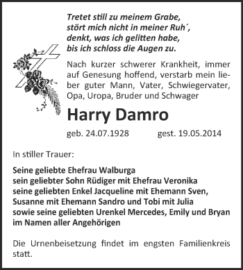 Traueranzeige von Harry Damro von WVG - Wochenspiegel NMB / WSF / ZTZ