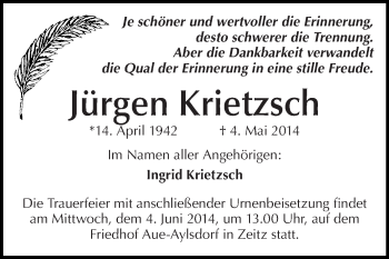 Traueranzeige von Jürgen Krietzsch von WVG - Wochenspiegel NMB / WSF / ZTZ
