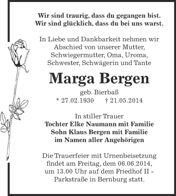 Traueranzeige von Marga Bergen von Super Sonntag Bernburg