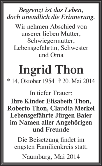 Traueranzeige von Ingrid Thon von WVG - Wochenspiegel NMB / WSF / ZTZ