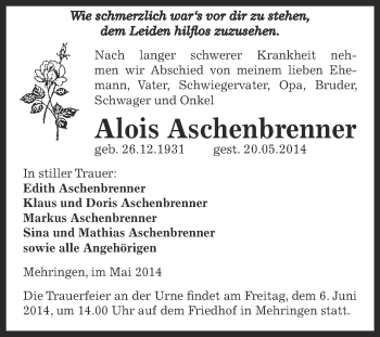 Traueranzeige von Alois Aschenbrenner von Super Sonntag Aschersleben