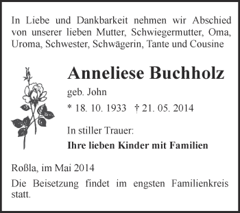 Traueranzeige von Anneliese Buchholz von WVG - Wochenspiegel SGH