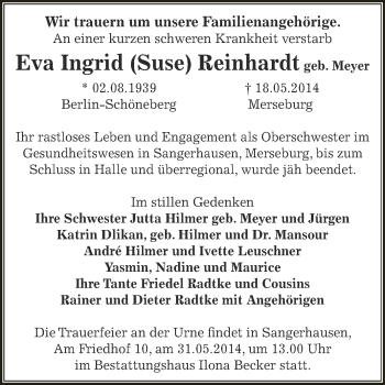 Traueranzeige von Eva Ingrid Reinhardt von Super Sonntag SGH Mansf. Land