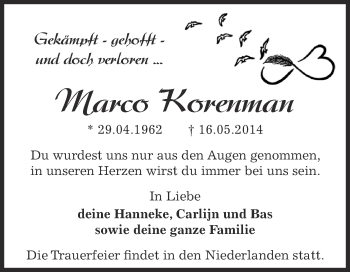 Traueranzeige von Marco Korenman von WVG - Wochenspiegel Dessau / Köthen